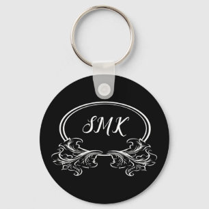 Monogram Floral Frame Black and White Key Ring