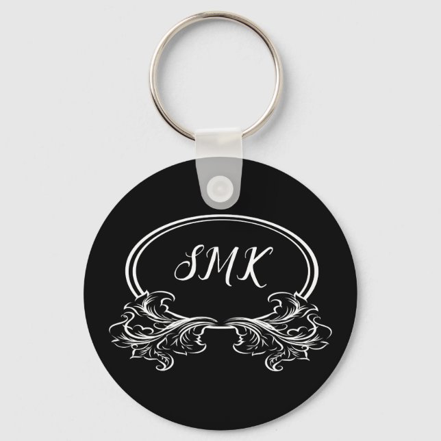 Monogram Floral Frame Black and White Key Ring (Front)