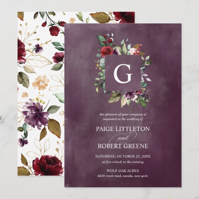 Monogram Floral Frame in Red, Blush Wedding Invitation (Front/Back)