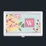 Monogram | Floral Garden, Blue Background Business Card Holder<br><div class="desc">Floral Garden,  Blue Background. Artist: June Erica Vess. Image ID: 105963D.</div>