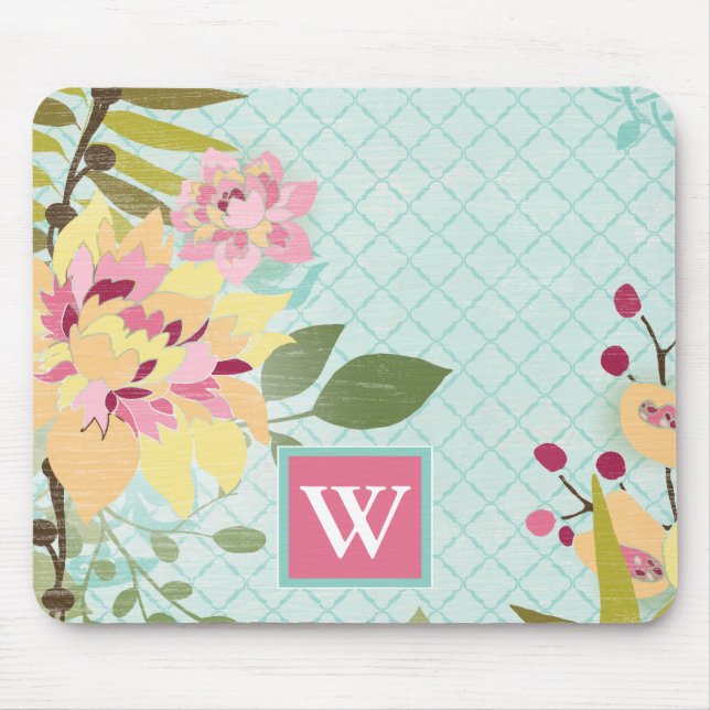 Monogram | Floral Garden, Blue Background Mouse Pad (Front)