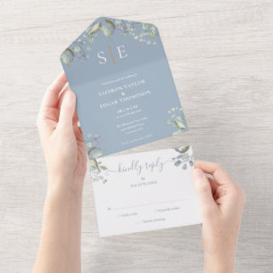 Monogram Floral Greenery Dusty Blue Wedding All In One Invitation