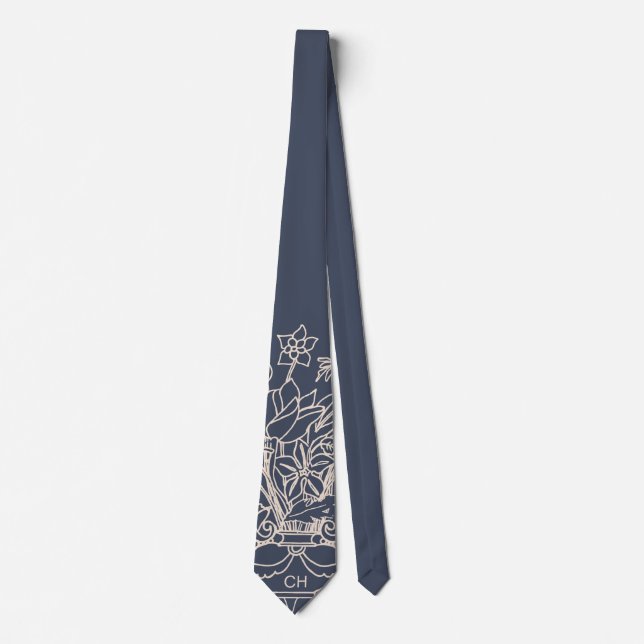 Monogram Floral Hand Drawn Powder Navy Beige Tie (Front)