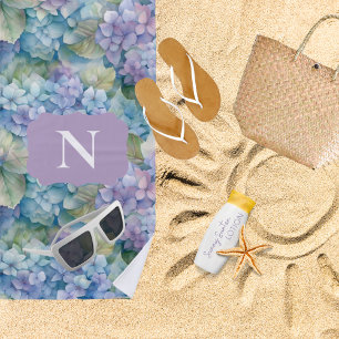 Monogram Floral Hydrangea Purple Personalised Beach Towel