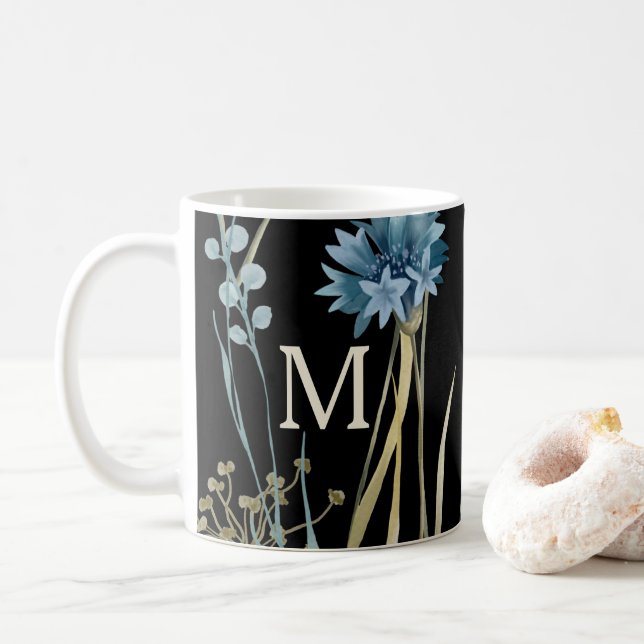 Monogram Floral Light Blue Gold on Black Coffee Mug (With Donut)
