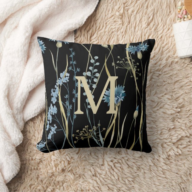 Monogram Floral Light Blue & Gold on Black Cushion (Blanket)