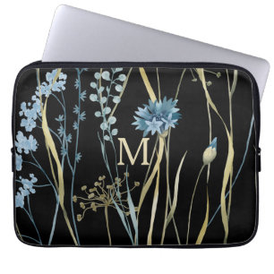 Monogram Floral Light Blue & Gold on Black Laptop Sleeve
