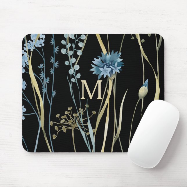 Monogram Floral Light Blue & Gold on Black  Mouse Pad (With Mouse)