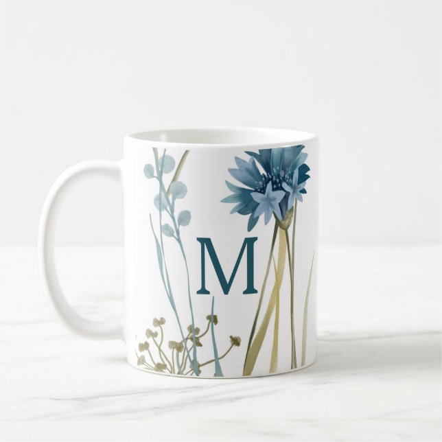 Monogram Floral Light Blue Gold on White Coffee Mug (Left)