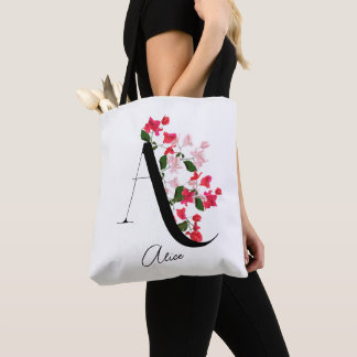 Monogram Floral Name Tote Bag Letter A