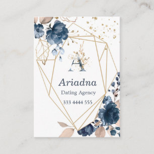 Monogram floral navy blue watercolor, confetti business card