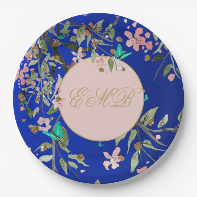 Monogram Floral Navy Pink  Elegant Gold Birthday Paper Plate (Front)