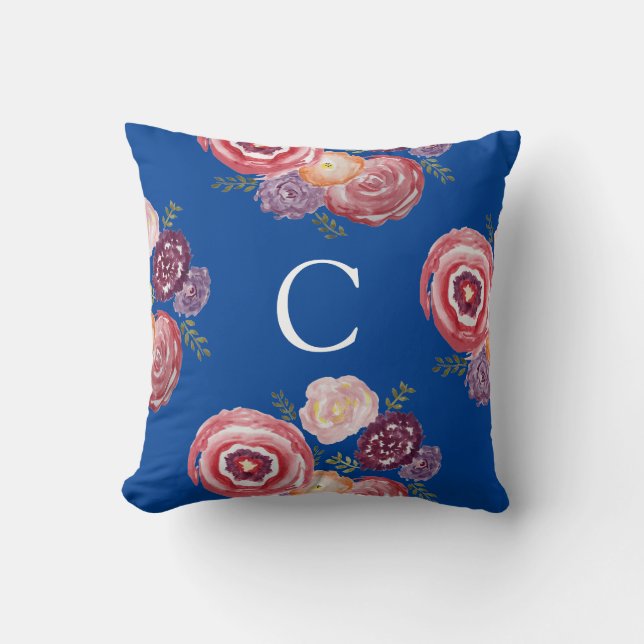 Monogram Floral Painting Throw Pillow (Front)