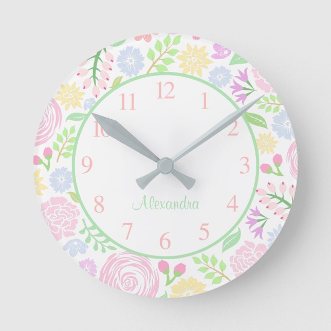 Monogram Floral Pastel Wall Clock (Front)
