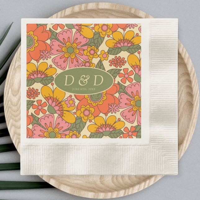 Monogram Floral Pattern Retro Boho 70s Wedding Napkin (Creator Uploaded)