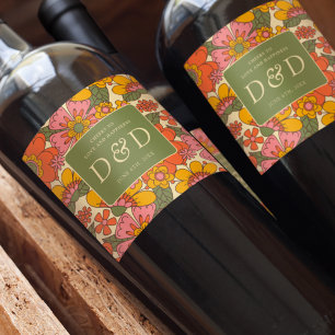 Monogram Floral Pattern Retro Boho 70s Wedding Wine Label