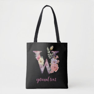 monogram floral personalised black pink letter W Tote Bag