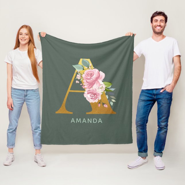Monogram Floral Personalised Botanical Letter A Fleece Blanket (In Situ)