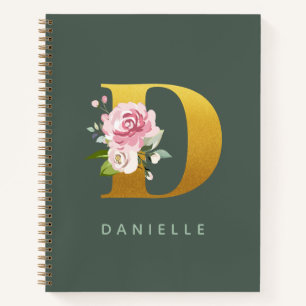 Monogram Floral Personalised Faux Gold Letter D Notebook