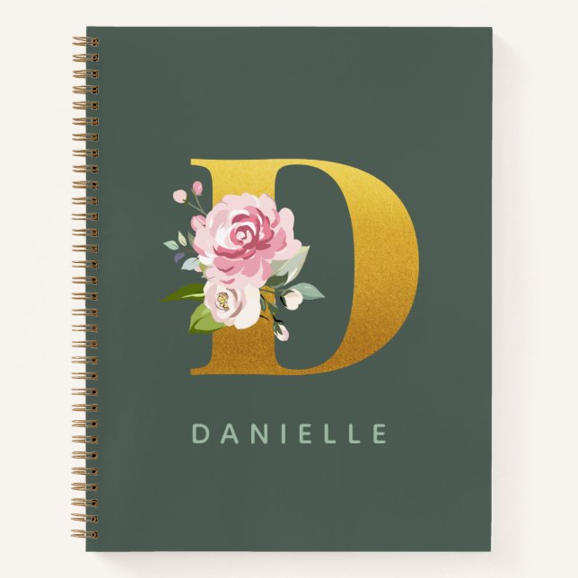 Monogram Floral Personalised Faux Gold Letter D Notebook (Front)