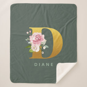 Monogram Floral Personalised Faux Gold Letter D Sherpa Blanket