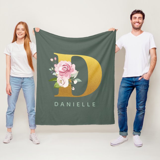 Monogram Floral Personalised Letter D Fleece Blanket (In Situ)