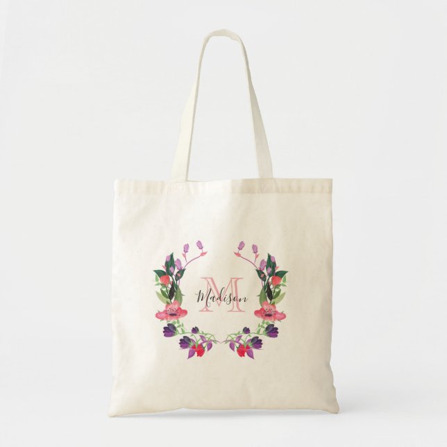 Monogram Floral Personalised Name Tote Bag (Front)