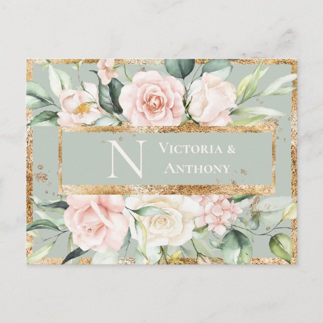 Monogram Floral Pink Gold Watercolor Thank You Postcard (Front)