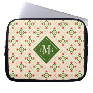 Monogram Floral Pink & Green Quilt Folk Art Laptop Sleeve