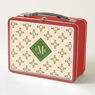 Monogram Floral Pink & Green Quilt Folk Art Metal Lunch Box