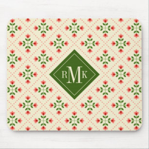 Monogram Floral Pink & Green Quilt Folk Art Mouse Pad