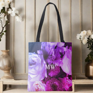 Monogram floral pink purple blue bouquet photo tote bag