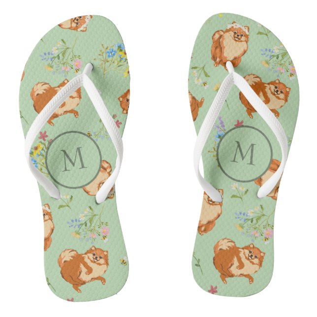 Monogram Floral Pomeranian Pattern Green Jandals (Footbed)