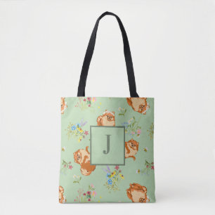 Monogram Floral Pomeranian Pattern Green Tote Bag
