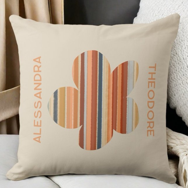 Monogram floral retro stripe 70s boho orange cream lumbar cushion (Creator Uploaded)