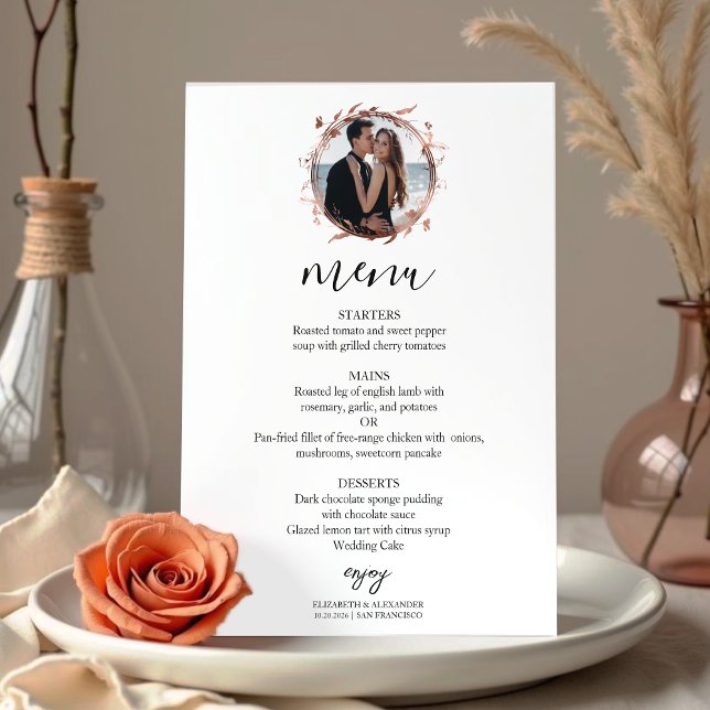 Monogram Floral Rose Gold Foil Photo Wedding Menu Invitation (Creator Uploaded)