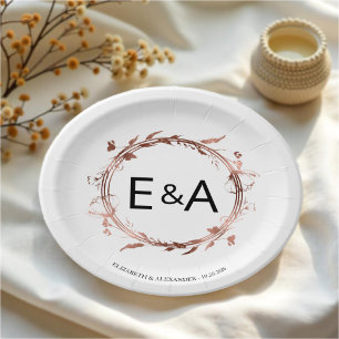 Monogram Floral Rose Gold Foil Wedding Paper Plate