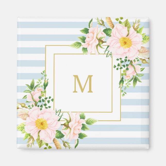 Monogram Floral Shabby Chic Pastel Blue Stripes Magnet (Front)
