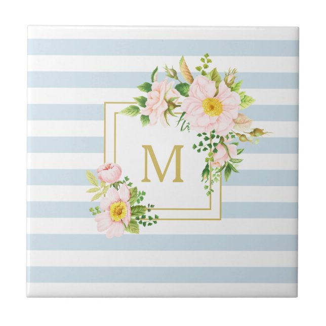 Monogram Floral Shabby Chic Pastel Blue Stripes Tile (Front)