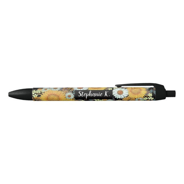 Monogram Floral Sunflower Pattern Black Ink Pen (Top)