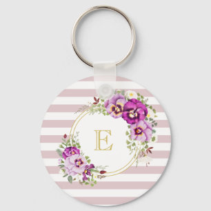 Monogram Floral Vintage Pansies Purple Stripes Key Ring