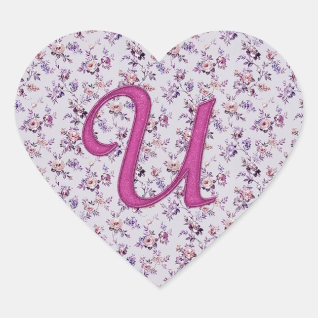 Monogram Floral Vintage U Heart Sticker (Front)
