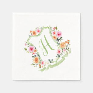 Monogram Floral Watercolor Crest, Green & Pink Napkin