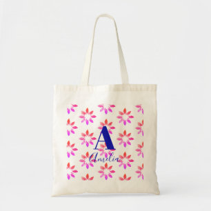 Monogram Floral Watercolor Retro Pattern Hot Pink Tote Bag