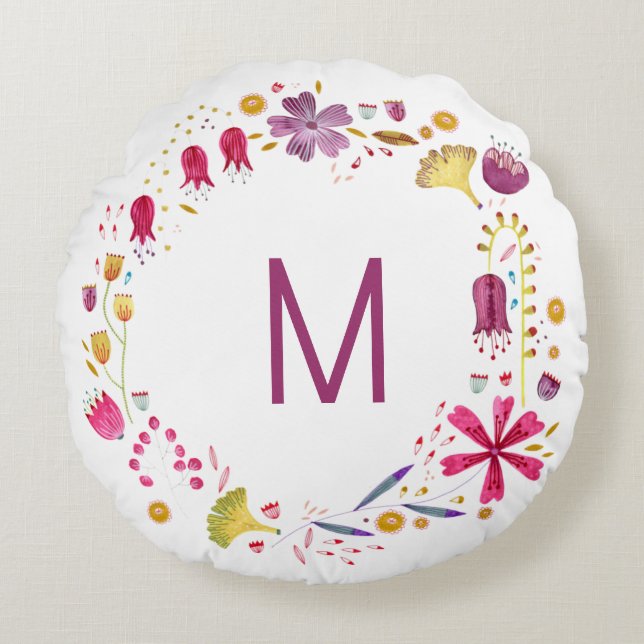 Monogram Floral Watercolor Round Cushion (Front)