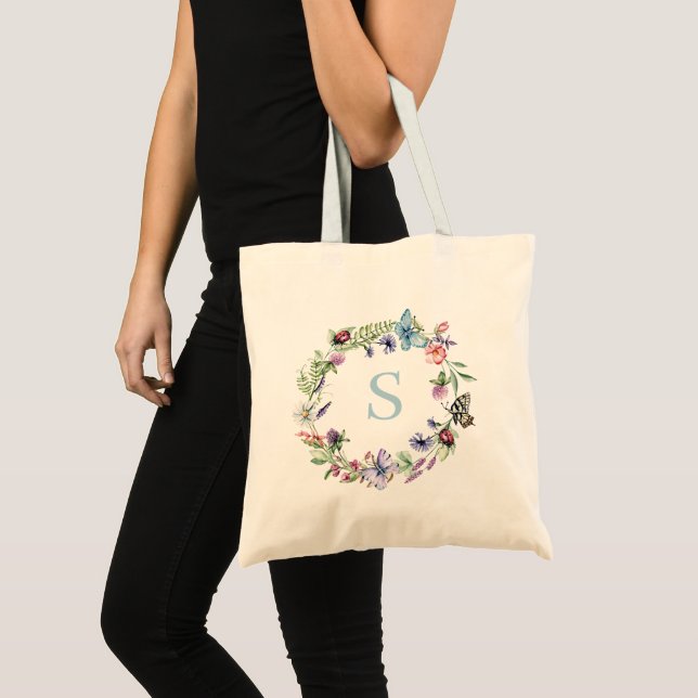 Monogram Floral Watercolor Wildflower Tote Bag (Front (Product))