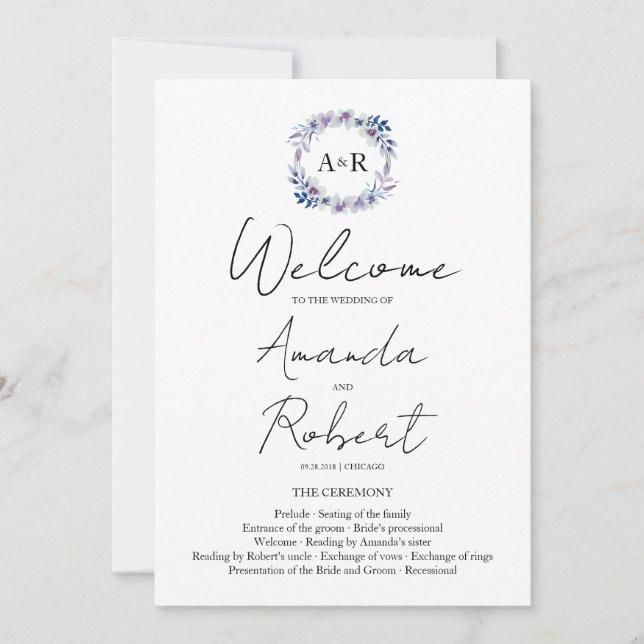 Monogram Floral Wedding Ceremony Program Invitation (Front)