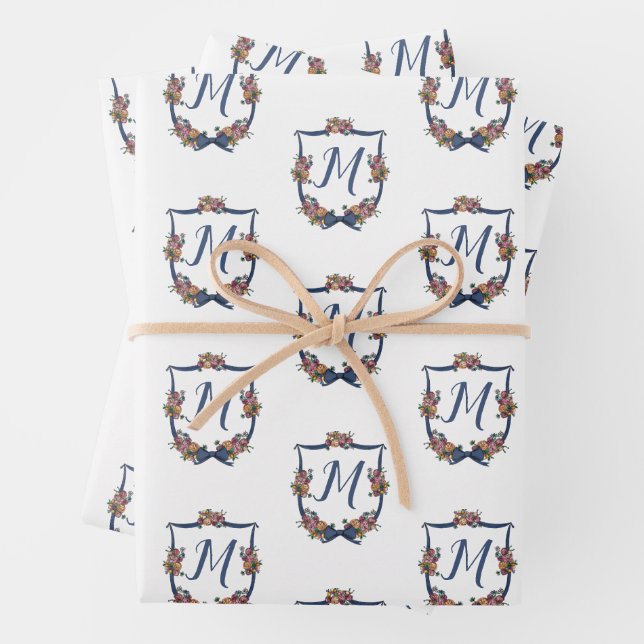 Monogram Floral Wedding Crest Personalised  Wrapping Paper Sheet (In situ)