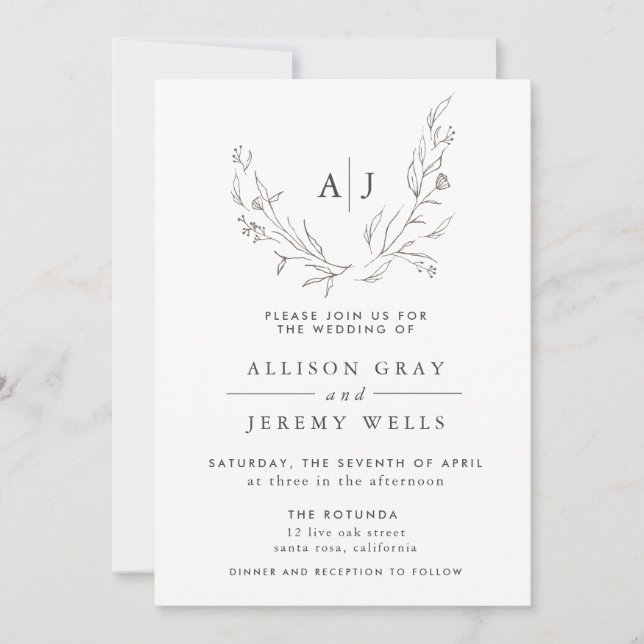 Monogram Floral Wedding Invitation  (Front)