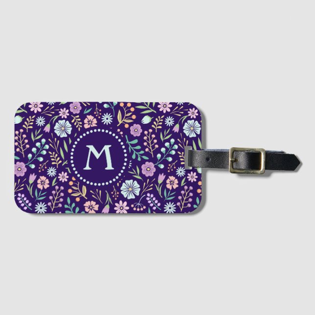 Monogram Floral Whimsical Boho Pattern Luggage Tag (Front Horizontal)